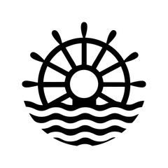 Vector of ship steering wheel emerging from stylized ocean waves, suitable for navigation logo, sailing school emblem or maritime branding with minimal black and white style