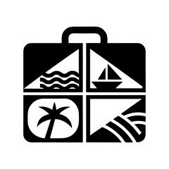 Black and white suitcase with cruise ship, palm tree, sun and waves, suitable for summer holiday branding, travel agency promotions or seaside resort identity
