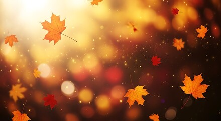 Golden autumn leaves falling with warm sunlight and bokeh lights