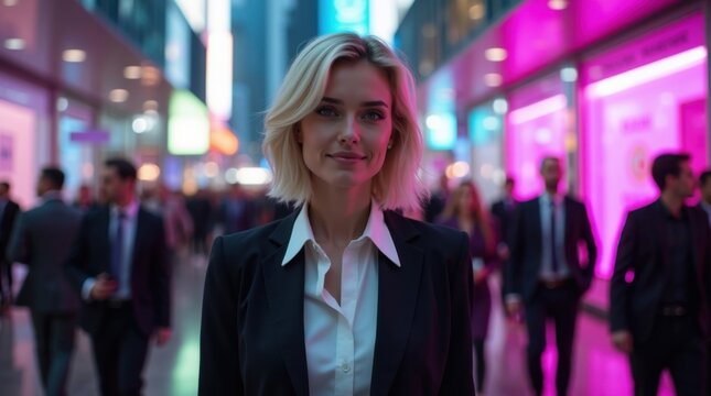 Una joven empresaria cauc&aacute;sica empoderada se mantiene firme en medio de una bulliciosa multitud corporativa iluminada con ne&oacute;n