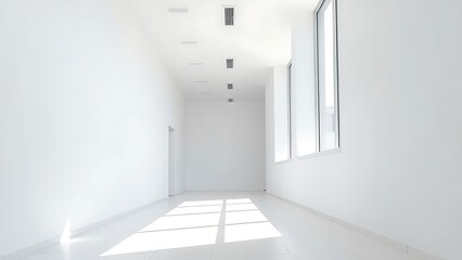 Modern white office corridor with large windows and clean lines.