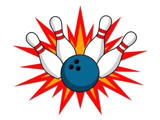Strike! Bowling Ball Crashing into Pins with Dynamic Explosion Effect, Vector Illustration