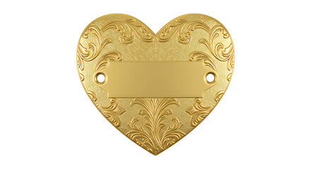 Golden heart-shaped feminine floral embossed nameplate, polished blank isolated transparent
