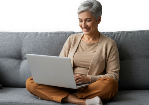 Smiling senior woman using a laptop on a couch isolated on transparent background