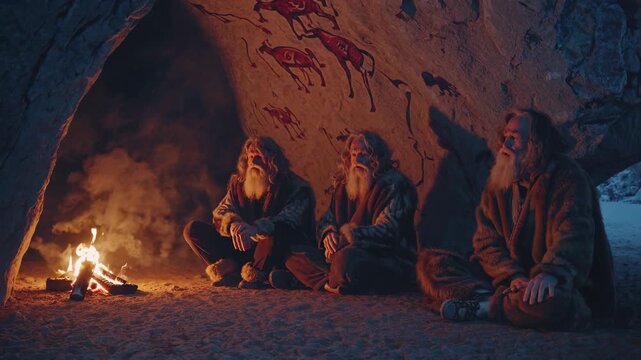 Elder man sits by campfire. Beard tribesman sit inside cave near rockart. Prehistoric ritual and gathering suggested by painted figures. Warm firelight illuminates weathered faces. Cold night outside.