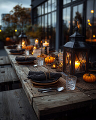 Halloween and Autumn Table Setting with Pumpkins and Lanterns