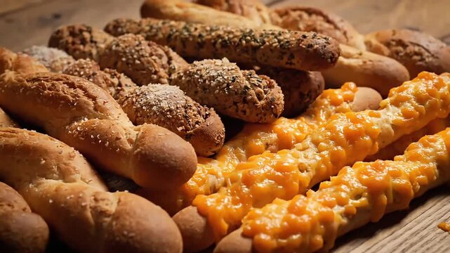 A delicious assortment of freshly baked breadsticks, including some with seeds and others topped with melted cheese, arranged on a wooden board.