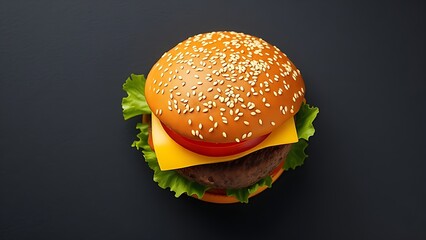 Fresh burger with lettuce and cheese isolated on a dark slate background.