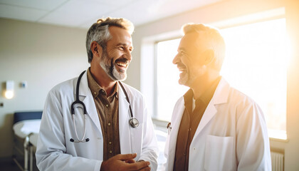 Doctor and patient sharing a laugh during recovery conversation, soft golden tones