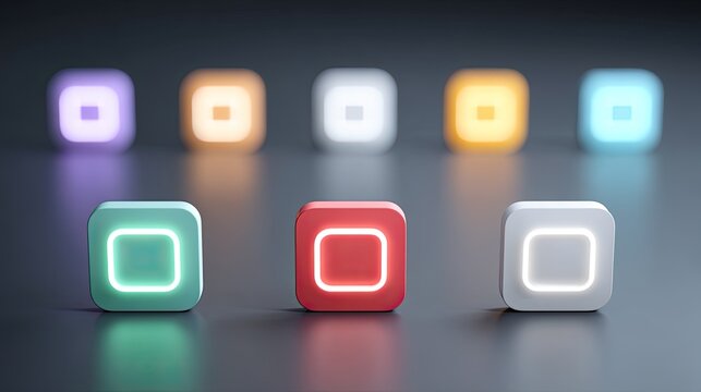 Luminous Square Icons Displayed on Gray Gradient Background with Rounded Edges Futuristic Glow Technology Apps Design and User Interface Elements