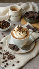 Mocha coffee with whipped cream and chocolate shavings on saucer with spoon, surrounded by roasted beans and dark chocolate, close-up view, dessert beverage setup