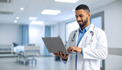 Doctor in white coat reviewing appointment calendar on laptop