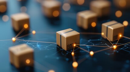 Connected Warehousing Multiple warehouse locations displayed on a map, connected by digital lines, illustrating network integration