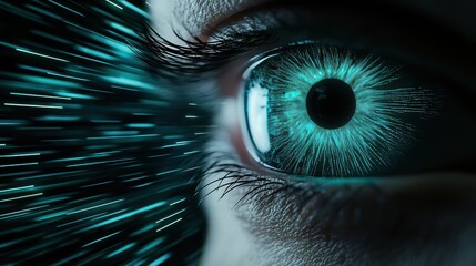 Eye Data Visualization Eye with holographic projections of data and information, futuristic HUD interface, focus on augmented reality and data visualization