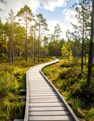 Winding boardwalk through a forest