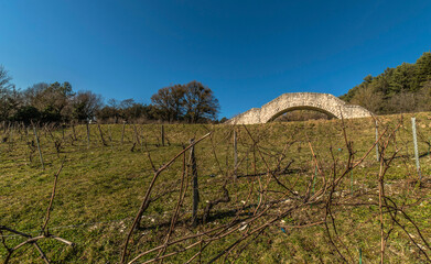 Passerelle ferroviaire dans les vignes au-dessus de la ligne des Carpates à Ceyzériat, Ain, France