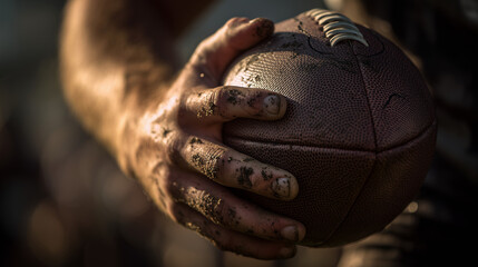 Close-up of a muddy athlete's hand tightly gripping an American football
