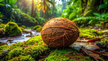 A single coconut rests on mossy ground in a lush tropical jungle