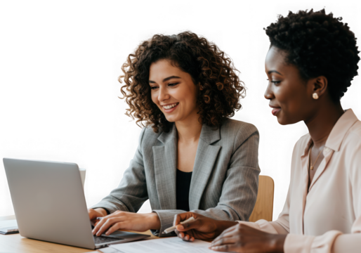 Two women working together on a laptop isolated on transparent background