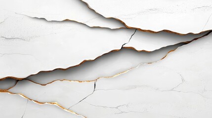 Cracked White Surface with Golden Accents and Textured Patterns