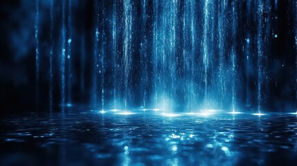 Serene Waterfall with Glowing Blue Lights Above Calm Reflecting Pool