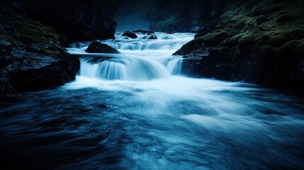 Serene Mountain River Flowing Through Rocky Landscape at Dusk