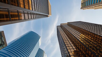 Looking up at modern skyscrapers against a cloudy blue sky