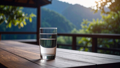 Clear glass of water sits on wooden table, surrounded by serene outdoor landscape