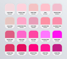Pink color codes shades guide palette catalog with color names