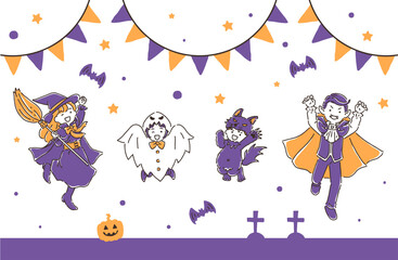 楽しそうにジャンプしている仮装をした家族・ハロウィンカラーセット