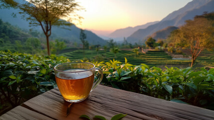 cup of hot tea on a wooden table overlooking a scenic mountain tea plantation at sunrise