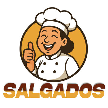 Logo de salgados com chef sorridente em estilo cartoon