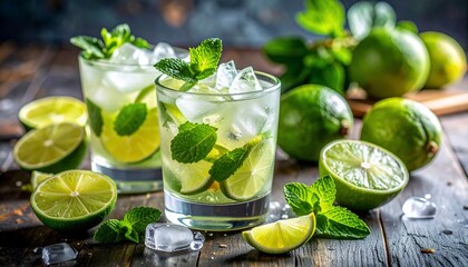 Fototapeta premium Refreshing lime and mint cocktails with ice cubes, perfect for summer gatherings