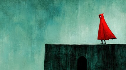 Mysterious Figure in Red Cape Standing on a Cliff Edge