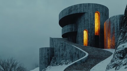 Modern Architecture Structure on Snowy Landscape with Warm Glow