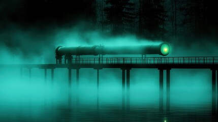 Mysterious Foggy Lake with Illuminated Green Lighthouse Structure