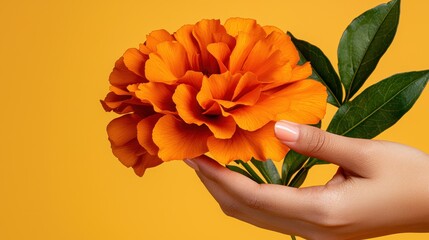 Vibrant Hand Holding a Bright Orange Flower Against a Yellow Background