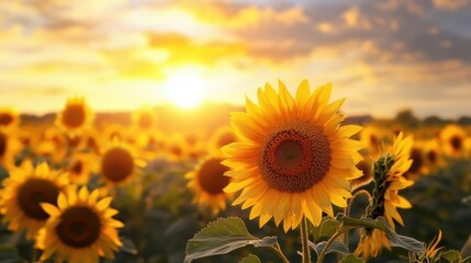 Obraz premium Golden sunset over a vibrant sunflower field.