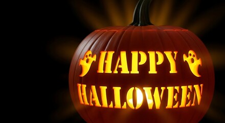 Carved halloween pumpkin with happy halloween message and glowing light