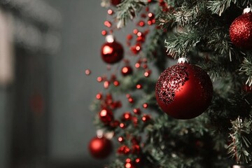 Obraz premium Red Christmas balls decorate a Christmas tree. Selective focus.