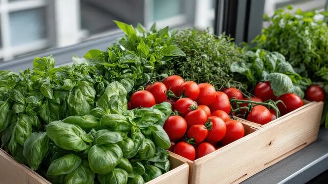 Fresh tomatoes, herbs, basil, and thyme arranged in wooden boxes create vibrant kitchen display