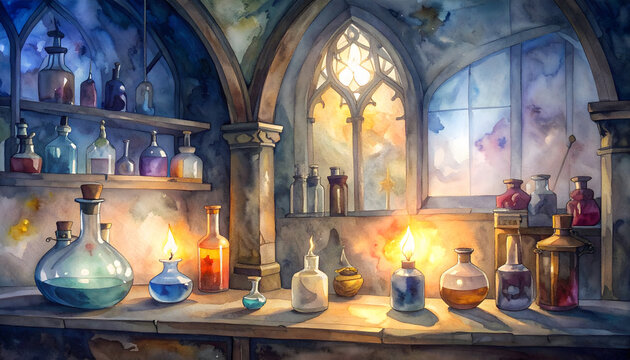 Watercolor painting of a gothic apothecary with potion bottles glowing, Gothic halloween