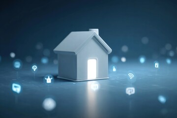 Miniature white house glowing, surrounded by futuristic digital icons on blue background