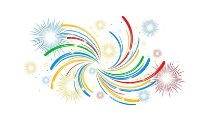 Obraz premium Dynamic display of colorful fireworks radiating outwards on a white background, creating a festive