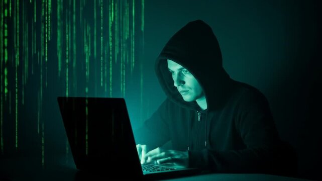 Mysterious hooded figure coding in a matrix-inspired digital world, cybersecurity concept