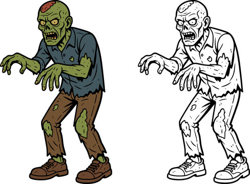 colored and outline only vector illustration of zombie walking with arms forward, halloween scary design and coloring page