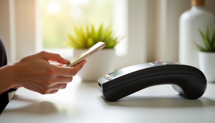 Tap to pay checkout terminal with smartphone held over sleek black POS device on bright counter. Morning sunlight and calm interior. Modern cashless payment moment.