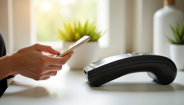 Tap to pay checkout terminal with smartphone held over sleek black POS device on bright counter. Morning sunlight and calm interior. Modern cashless payment moment.