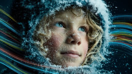 Winter's soft embrace: a child's sparkling eyes amid falling snow. Internet traffic. Joyful child in a light blue coat welcomes their first snowfall. Internet networks. Data links.