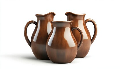 Three rustic brown ceramic pitchers on a white background.